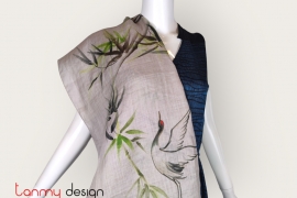 Grey ramie scarf hand-painted with bamboo and crane 115*115cm